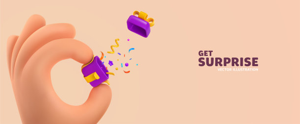 3d矢量卡通人手捧礼盒与爆炸纸屑矢量插图。手臂赠与打开礼品盒明亮的背景。赢得奖品的网页横幅模板图片下载
