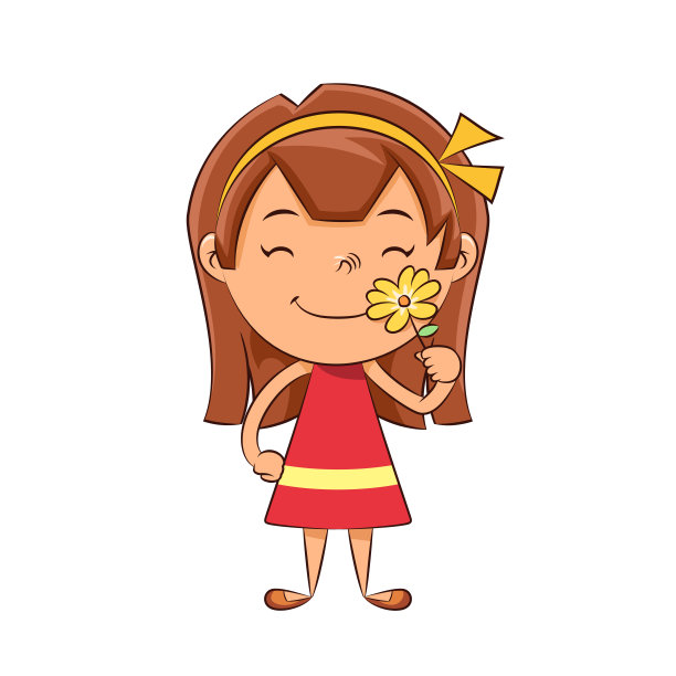 少女闻黄花，嗅觉图片下载