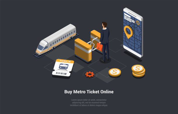地铁在线购票概念。乘客在自动售票机或自动售票机购票。男子在地铁门自动检查点进入地下。等距三维矢量插图图片下载