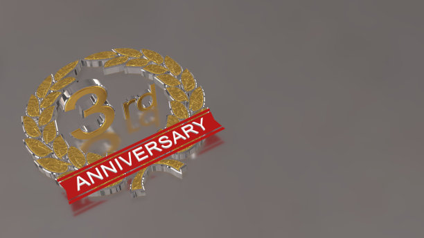 三周年庆典背景。3D金色数字弯曲丝带图片下载