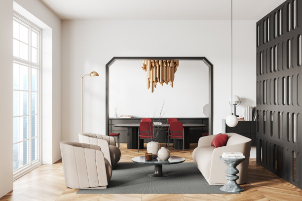 现代客厅内部，背景是放松和用餐区图片下载