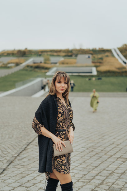 年轻女子穿着裙子，拿着包走在路上图片下载