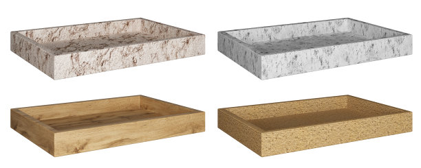 供应方形托盘套装。石、木、陶土隔离装饰托盘。家庭装饰和口音。家居装饰配件。孤立的内部对象。三维渲染图片下载