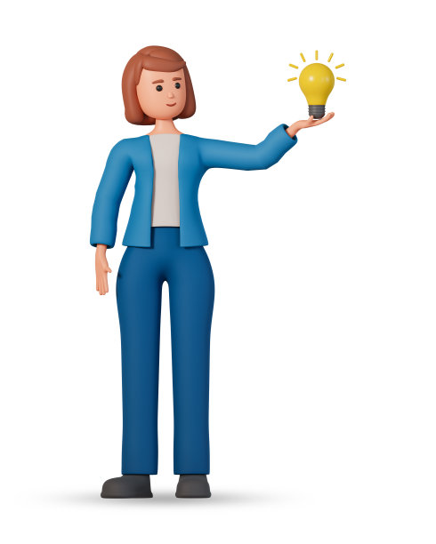 一个微笑的女人拿着灯泡的3D插图。年轻女子与灯泡创造新的好主意或想法3d插图孤立在白色背景。图片下载