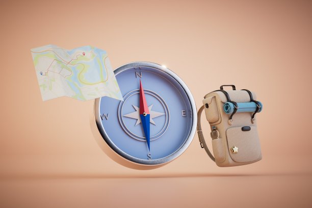 沿着特定路线徒步旅行。指南针，地图和徒步旅行背包在粉彩的背景。三维渲染图片下载