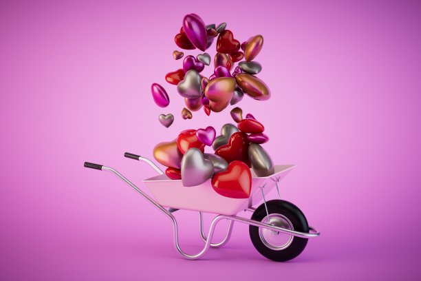 恋爱的概念。粉彩背景上有许多心形图案的独轮手推车。三维渲染图片下载