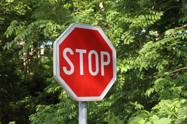 街上写有“停车”字样的红色停车标志图片下载