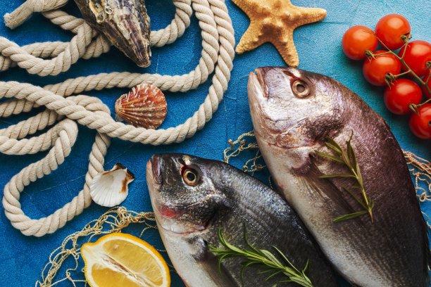 鱼安排与柠檬顶视图图片下载