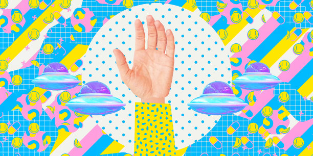 当代数字拼贴艺术。现代的迷幻设计。有趣的手和飞碟的创意抽象背景图片下载