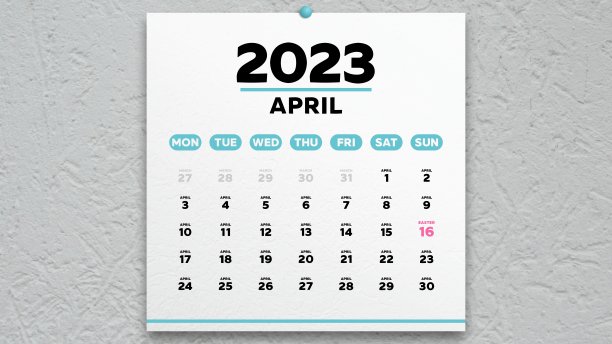 2023年日历上美丽的四月一页，上面标着东正教的复活节日期图片下载