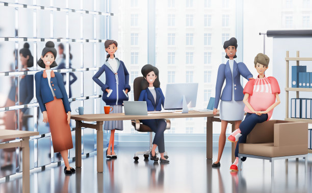 一群商业女性在一个项目上合作，在桌子旁交谈，分享想法。三维渲染图图片下载