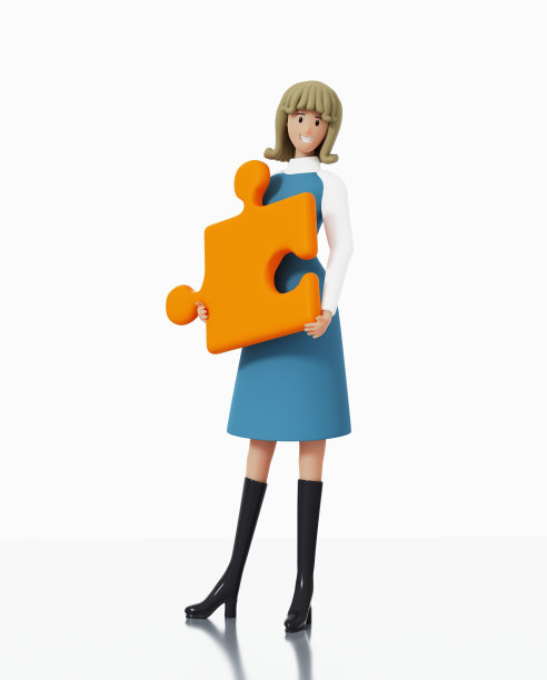 年轻女子与拼图块上孤立的白色背景。三维渲染图图片下载