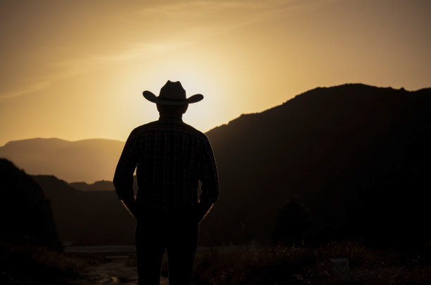 成年男子的剪影牛仔帽反对山和天空在日落图片下载
