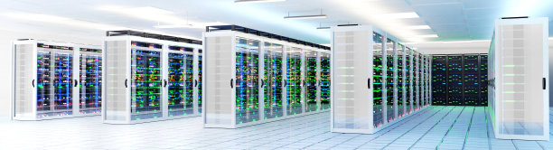 大型现代服务器室，数据中心或矿场内部有机架和霓虹灯。三维渲染图图片下载