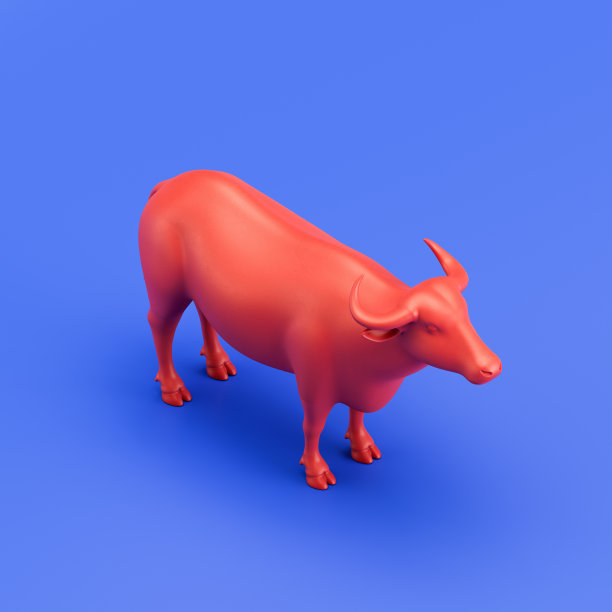 水牛单色单色动物玩具制成的红色塑料，单一动物从等距视图，动物，3d渲染图片下载