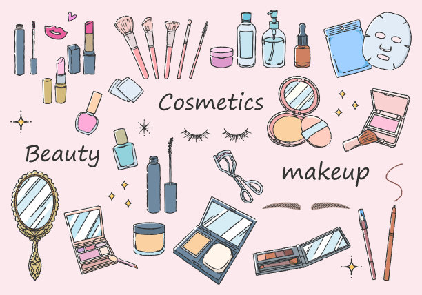 化妆品插画套装，手绘线条图片下载