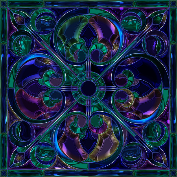 中世纪深蓝色和酒红色教堂彩色玻璃。窗框与彩色玻璃马赛克。蒂芙尼风格的方形瓷砖艺术玻璃。插图图片下载