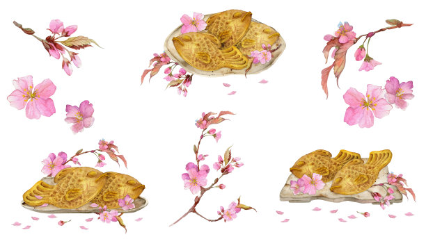 水彩手绘的日本传统糖果。春和、太烧、茶、框架的组合。孤立在白色背景上。请柬餐厅菜单贺卡印花纺织品图片下载