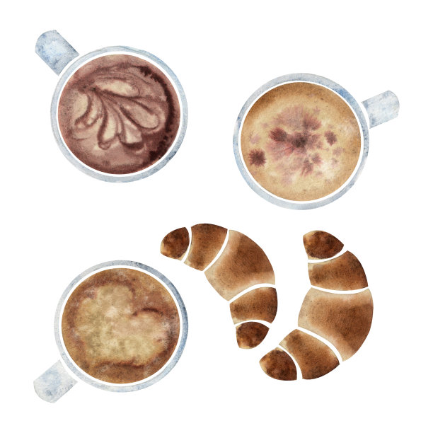 水彩手绘构图与卡布奇诺瓷器和金色咖啡杯，牛角包。孤立在白色背景上。用于邀请，咖啡馆，餐厅的食物菜单，打印，网站，卡片图片下载