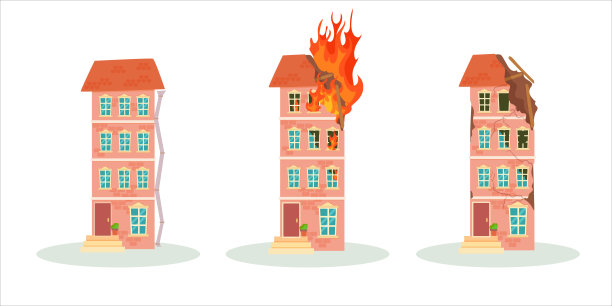 火灾或地震后被摧毁的建筑物。战后被毁的城市建筑。残破的城市，破旧不堪的房屋。矢量插图隔离在白色背景上。图片下载