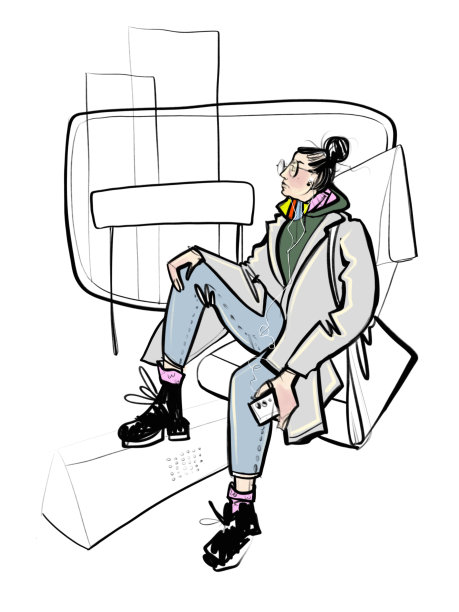 插画杂志风格的时尚素描现代女孩乘地铁在窗口旅行坐在眼镜时尚形象设计元素图片下载