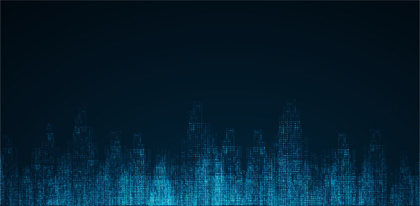 深蓝色背景上的城市景观明亮发光的霓虹灯。科技城市背景图片下载