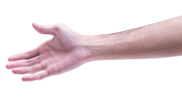 男性伸出手，准备帮助或接受。手势孤立在白色背景上。图片下载