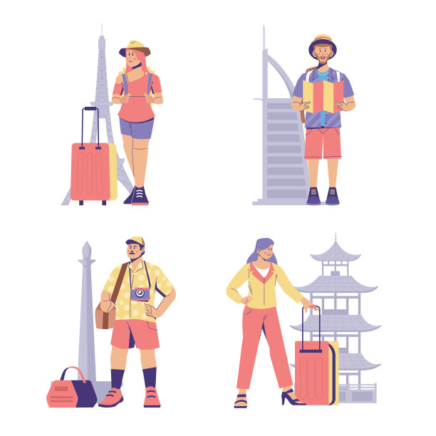 青年和成人旅行的人女人和男人性格时尚的地标和平面风格的插图图片下载