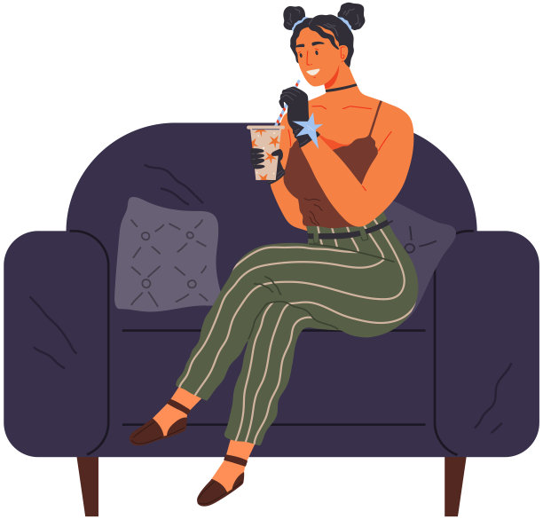 女孩坐在酒吧的沙发上，手里拿着杯子。向量时尚的女性角色喝鸡尾酒图片下载