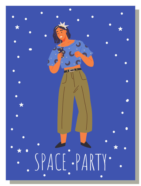 动画师在生日的宇宙风格。主题派对的服装。穿着戏服的人们在太空派对海报上玩得很开心图片下载