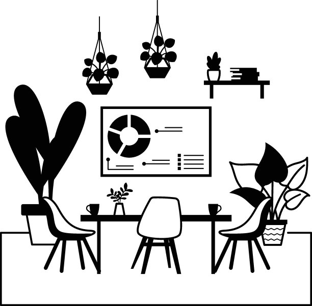 会议室装饰概念，销售和营销办公室矢量图标设计，服务式办公室符号，舒适的工作空间标志，基于活动的环境库存插图图片下载