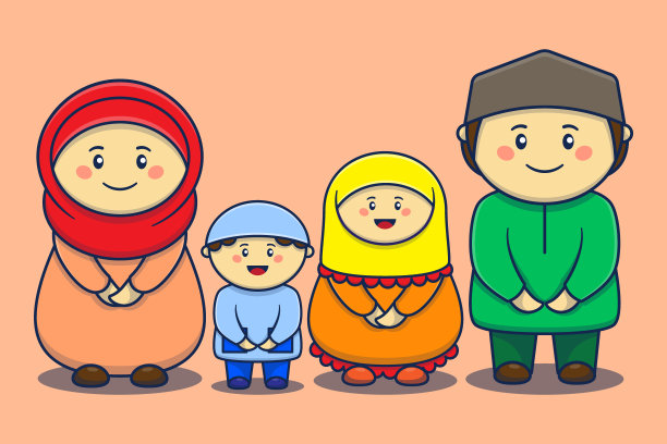 穆斯林家庭斋月卡通矢量插图图片下载