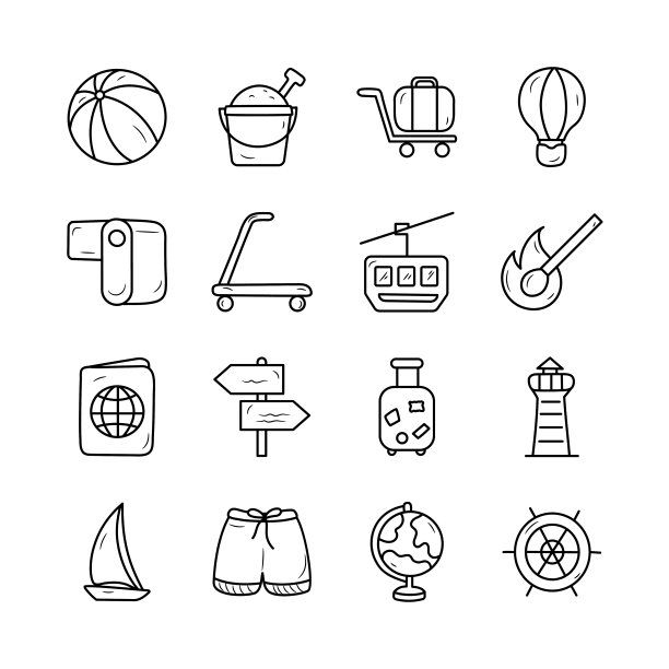 旅行矢量手绘轮廓图标风格的插图设置3图片下载