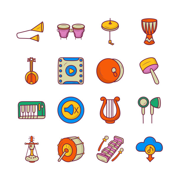 媒体控制矢量手绘填充轮廓图标风格的插图。集合5图片下载