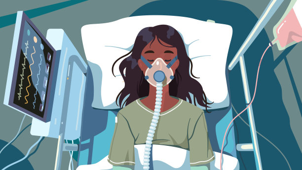 从冠状病毒疾病的俯视图看，新冠肺炎患者妇女躺在病床上，戴着氧气面罩进行人工肺通气。冠状病毒肺炎昏迷患者平面载体插图图片下载