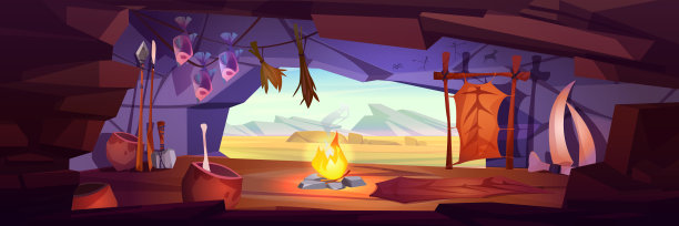 石器时代洞穴内部有篝火，工具图片下载