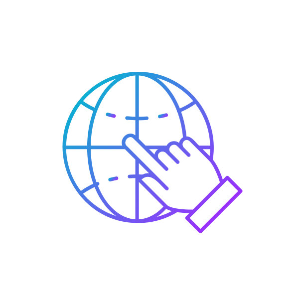 手指点击地球地球梯度线性图标。全球科技，互联网，社交网络符号设计。图片下载