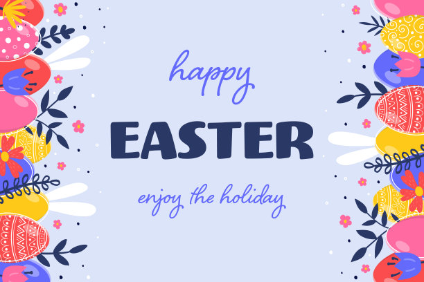 印有手绘彩蛋、兔子和鲜花的复活节贺卡。复活节装饰的概念。矢量图图片下载