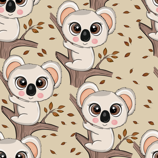 无缝模式与可爱的考拉宝宝的颜色背景。有趣的澳大利亚动物。卡片，给孩子的明信片。平面矢量说明织物，纺织品，墙纸，海报，纸图片下载