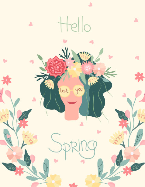 可爱的横幅，上面有个女人，头上戴着花环。春天开花。理想的贺卡，横幅，卡片，海报。矢量插图。图片下载