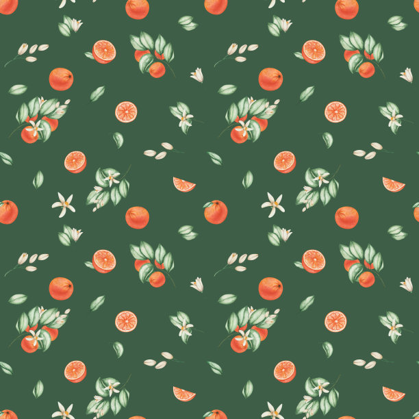 水彩无缝图案。手绘插图的橙子，葡萄柚，柑橘与绿色的叶子，树枝和花朵。热带水果。柑橘片。绿色背景打印图片下载