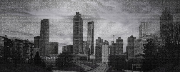 黑白马赛克柔和色调的艺术城市景观与戏剧性的红色浮云，城市摩天大楼和建筑剪影，美国城市景观形象图片下载