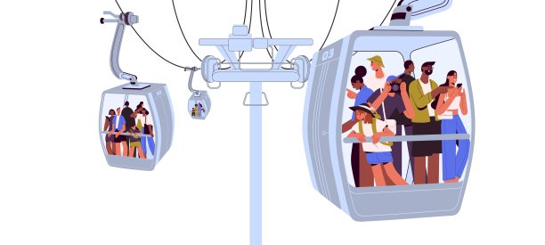 游客可乘坐缆车、索道吊舱、索道索道。人客在索道缆车内，高空旅游运输。平面矢量插图孤立在白色背景上图片下载