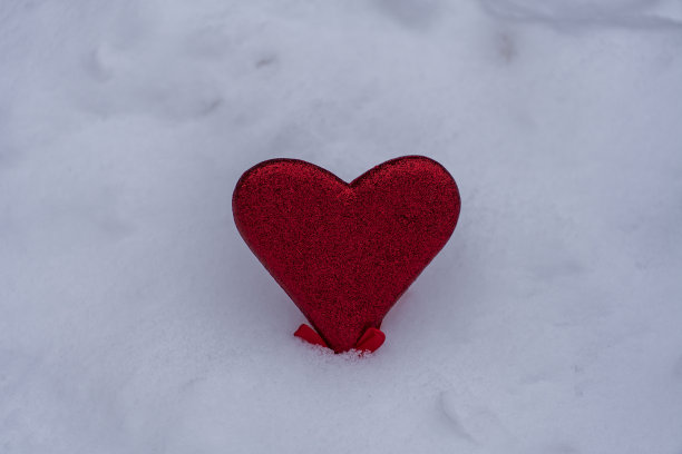 2月14日情人节的特写，白色白雪背景下的红心图片下载