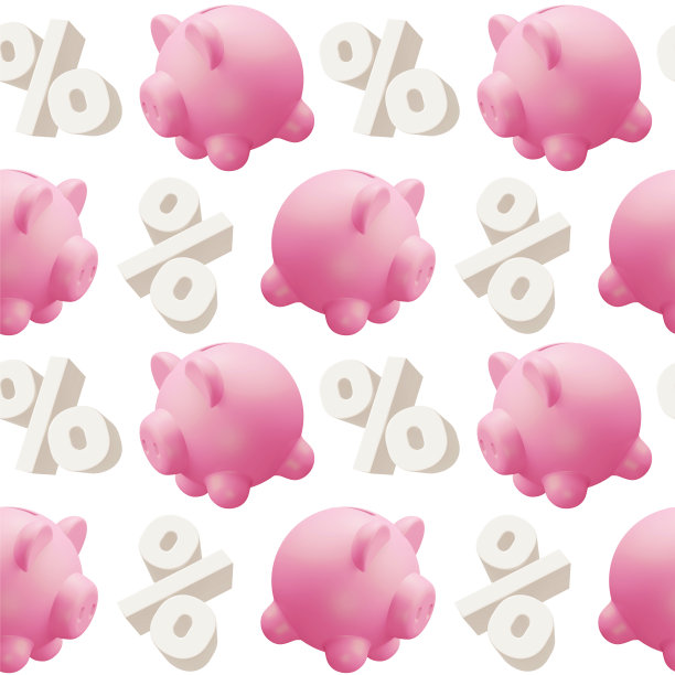 3d无缝模式的粉红色储蓄罐和百分比标志在白色背景，时间节省金钱。三维设计图片下载