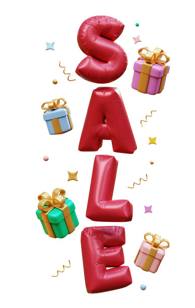 3D销售横幅营销时间概念。销售字气球与礼品盒和五彩纸屑元素飞来飞去。社交媒体推广。现实元素孤立。三维渲染图片下载