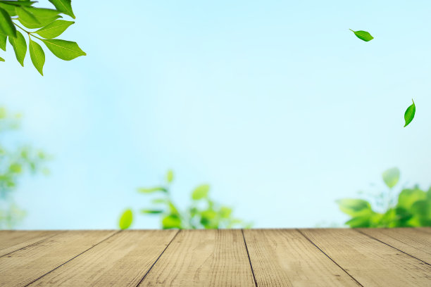 一张木桌，在蓝天的衬托下，树叶在风中摇曳。它唤起了自然材料和自然共生的意象图片下载