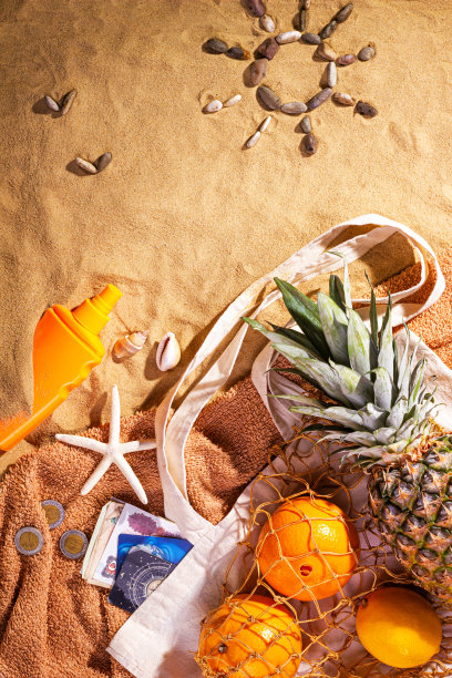 沙滩度假概念：俯视图，在沙滩上用贝壳绘制太阳和海鸥图片下载