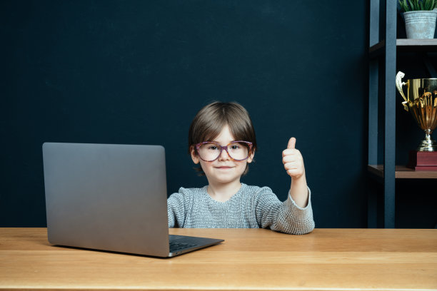 小男孩在办公室用笔记本电脑工作图片下载