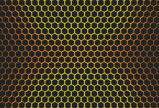 六边形黑色背景与黄光三维插图渲染设计，商业设计，您的任何设计等。图片下载